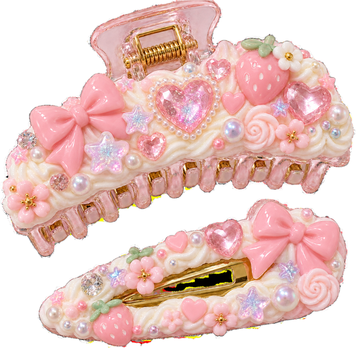 Barrette et pince à cheveux decoden : crème, nœud rose, fraise et cœurs